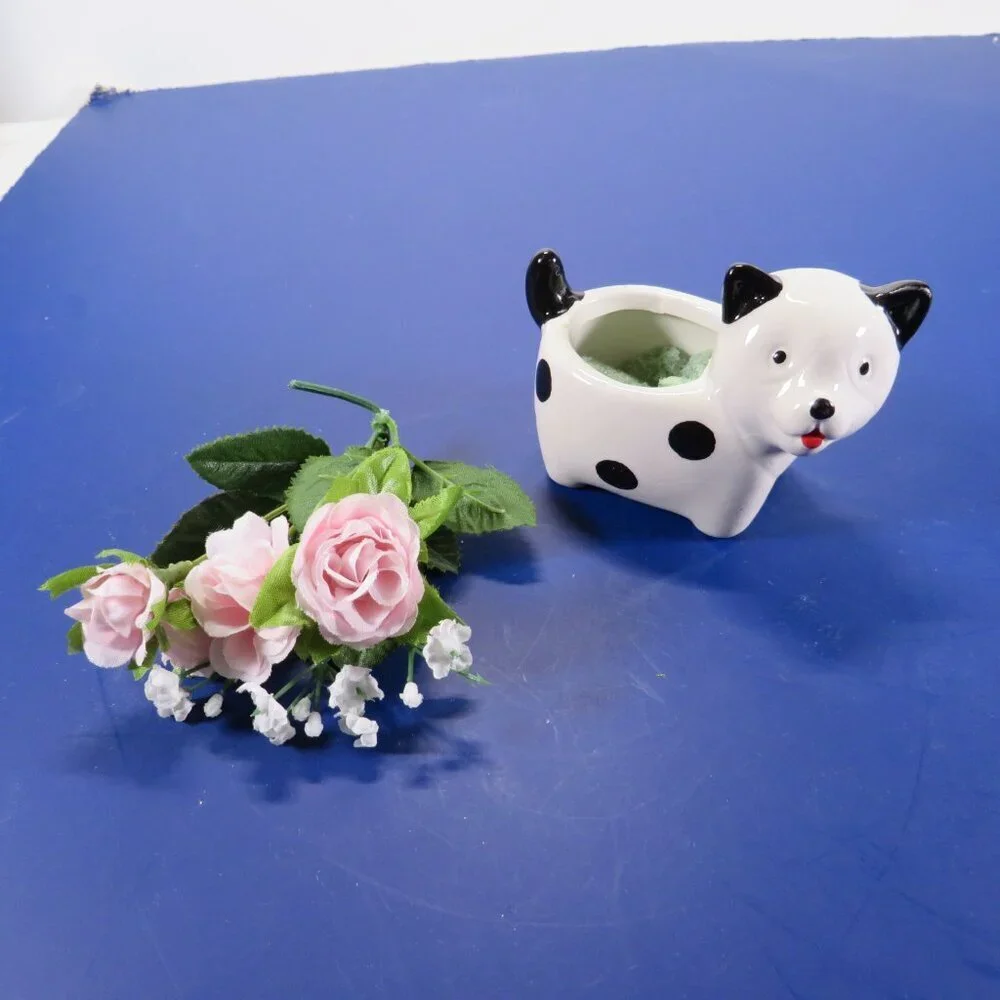 Mini Polka Dot Ceramic Dog w flowers or trinkets 2 3/4